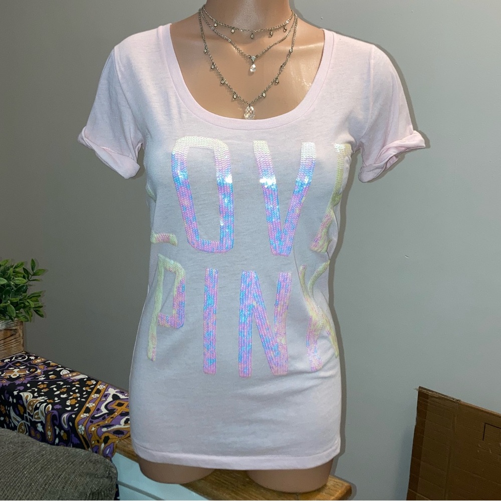 ❌SOLD Victoria’s Secret Love Pink sequin tee pink XS casual scoop neck shirt NEW